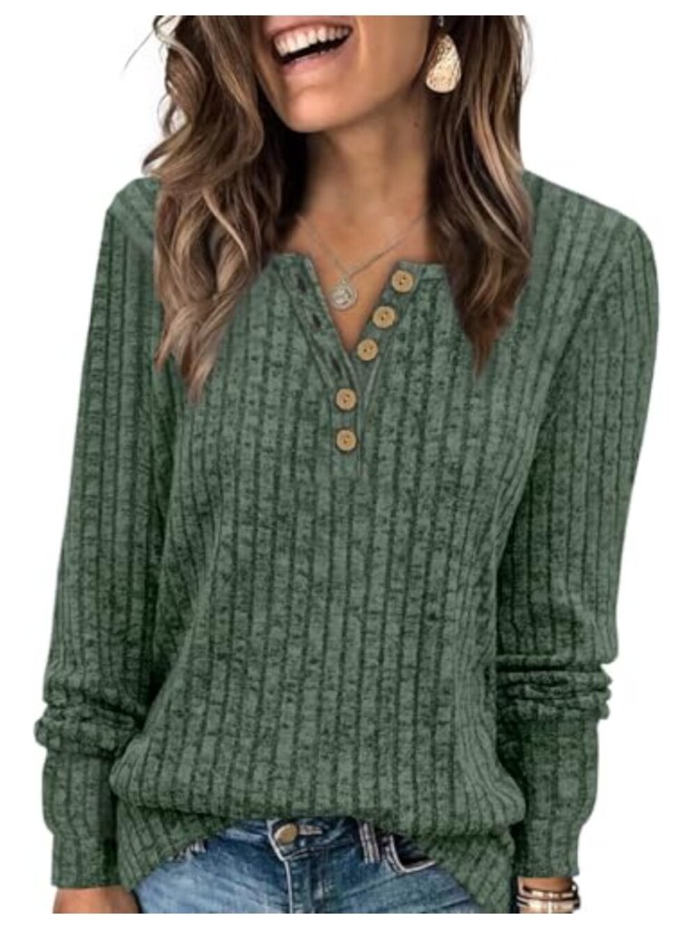 Womens Ribbed Knit Henley Sweater V Neck Button Pullover Long Sleeve